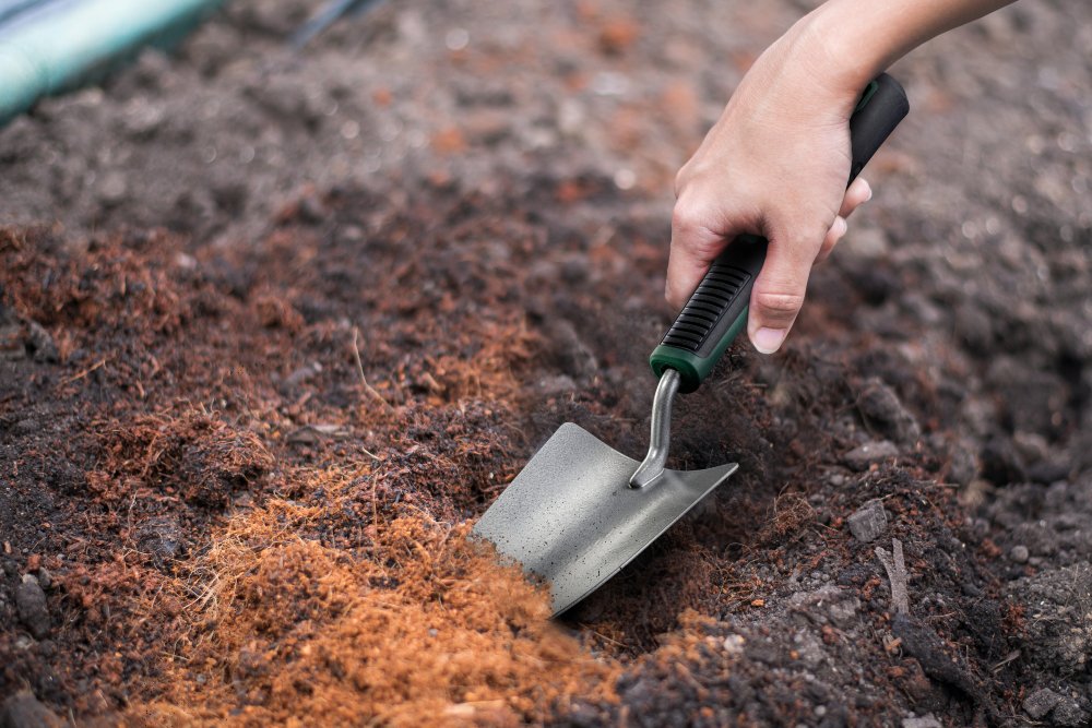 Hand gräbt mit Kelle im Boden